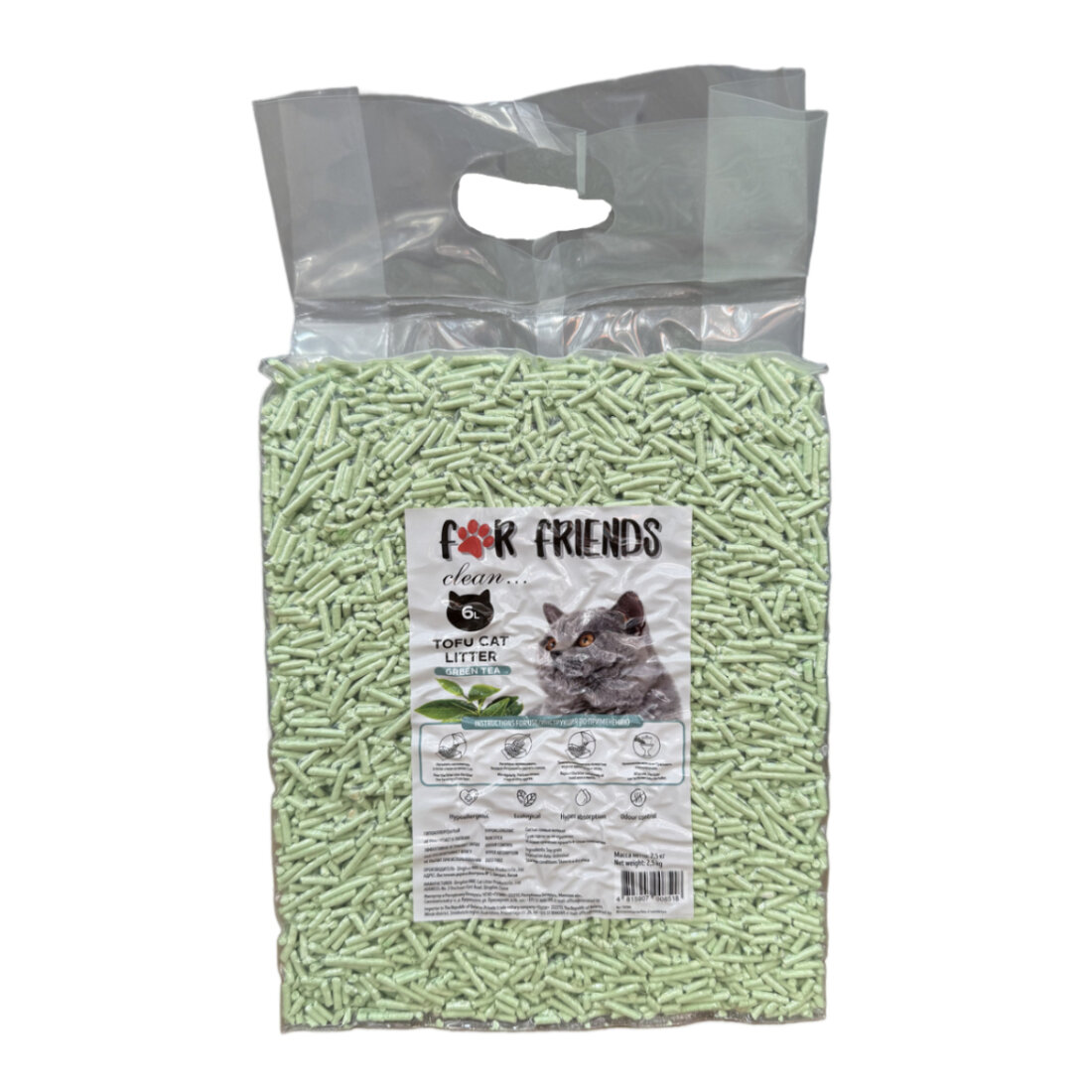 Наполнитель для кошачьего туалета For Friends Тофу Green tea, комкующийся, зеленый чай, 6 л