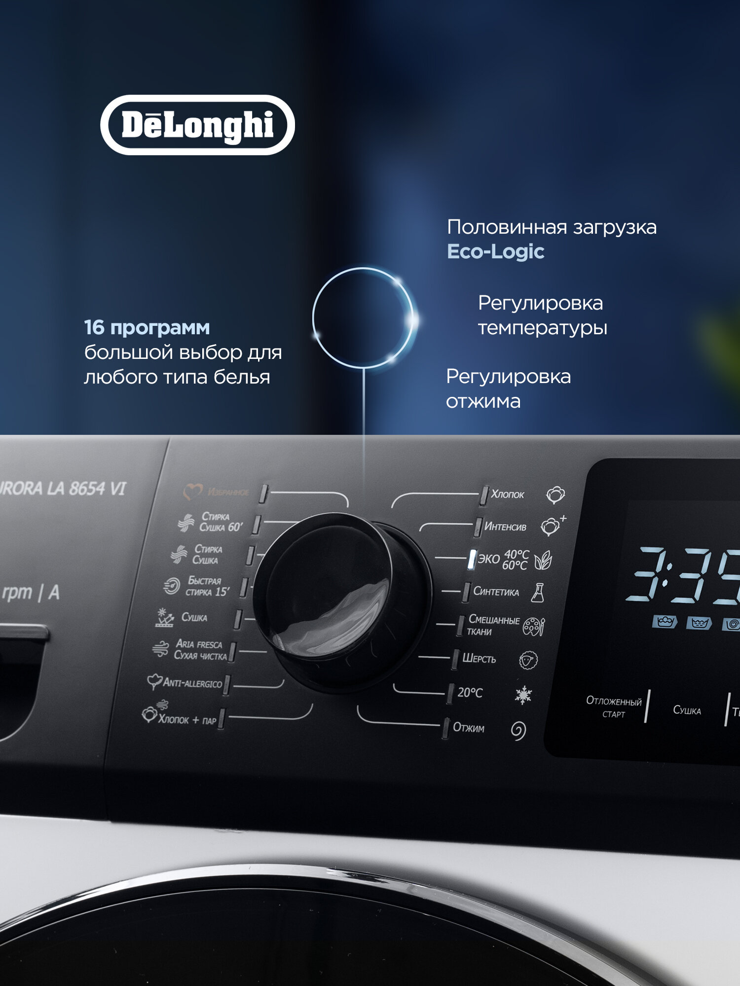 Стиральная машина с сушкой автомат DeLonghi AURORA LA 8654 VI 47 см, 8 кг, инвертор, с функцией пара — фото 1