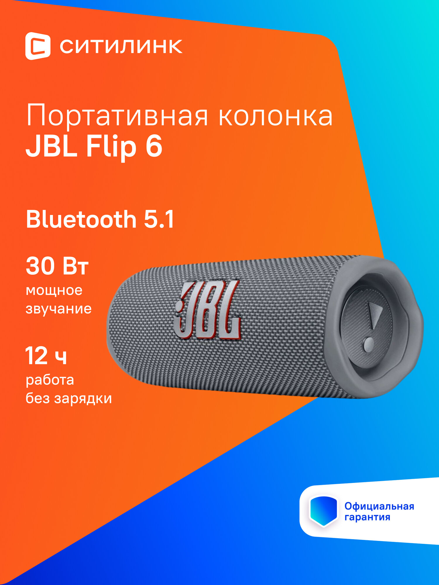 Колонка портативная JBL Flip 6 серый 30W 1.0 BT 10м 4800mAh (JBLFLIP6GREY)