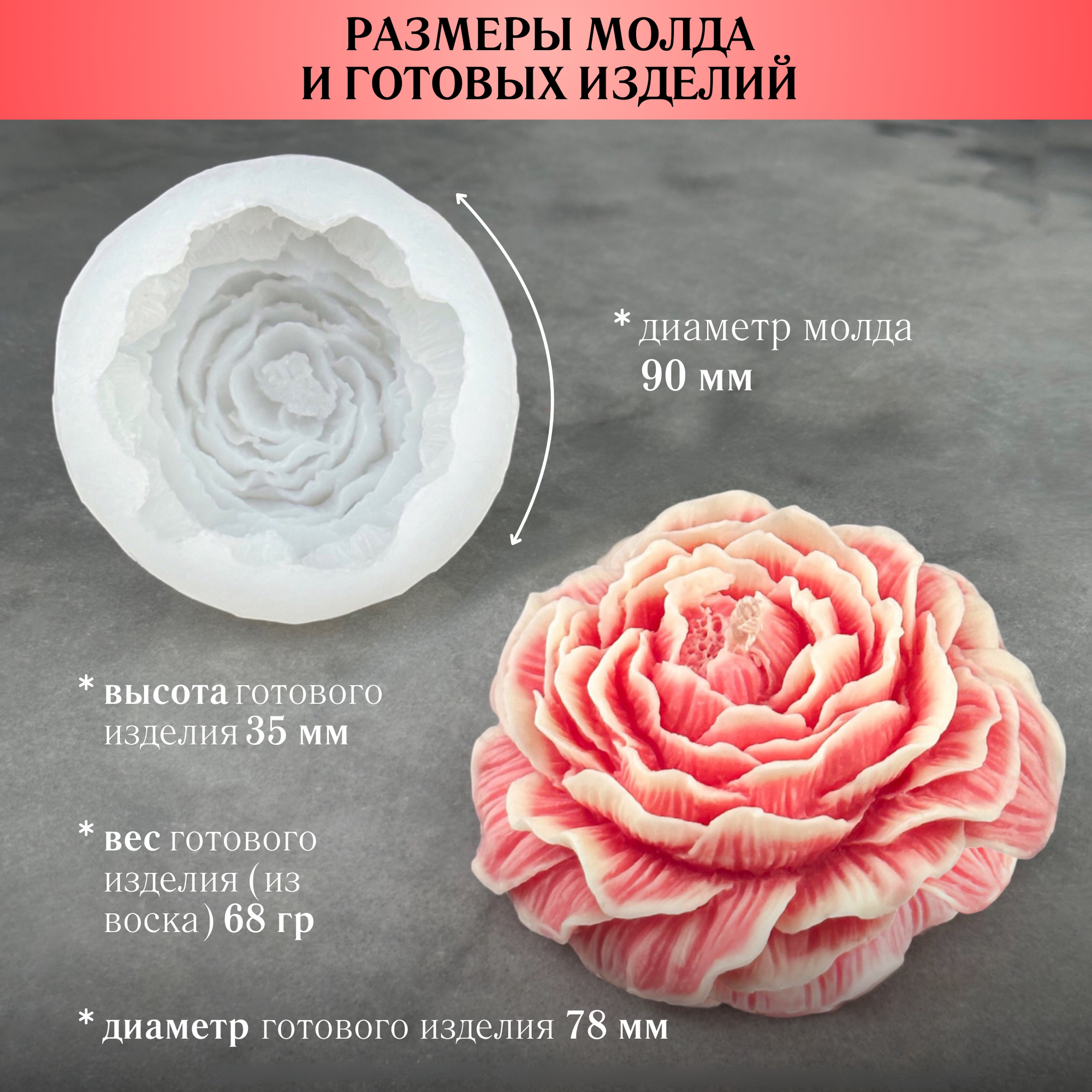 Молд силиконовый для шоколада, конфет, эпоксидной смолы, воска, гипса и мыла / форма для творчества Большой пион - 1шт — фото 1