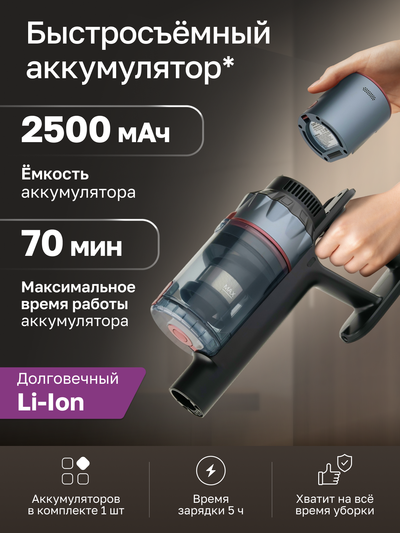 Пылесос вертикальный беспроводной GARTZ VVO320D Ultimate, для дома, сухая уборка, 4 насадки, 3 режима, мощность 500Вт, инверторный мотор, Turbo-щетка, LED дисплей, датчик пыли Dust-sensor — фото 1