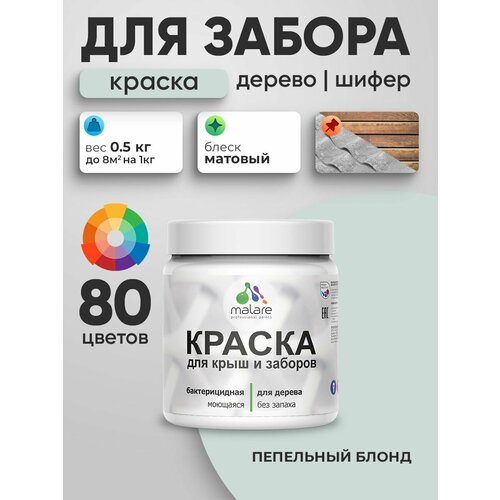 фото Акриловая краска malare для деревянного забора/ по дереву для наружных и внутренних работ/ быстросохнущая моющаяся без запаха, матовая, пепельный блонд, 0.5 кг.