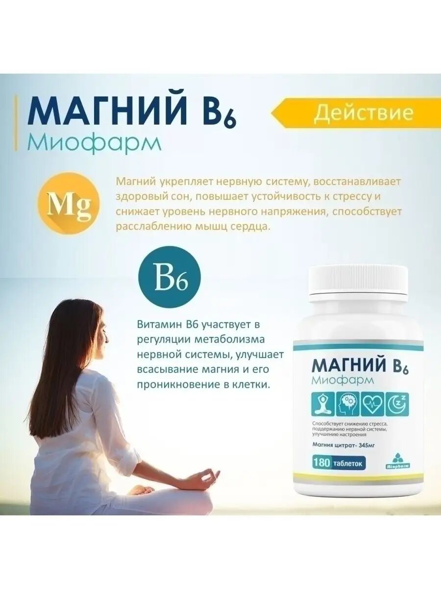Магний цитрат с витаминами В6 Миофарм 180 т, 345 мг + В6 от стресса, для нормализации сна, успокоительное — фото 1