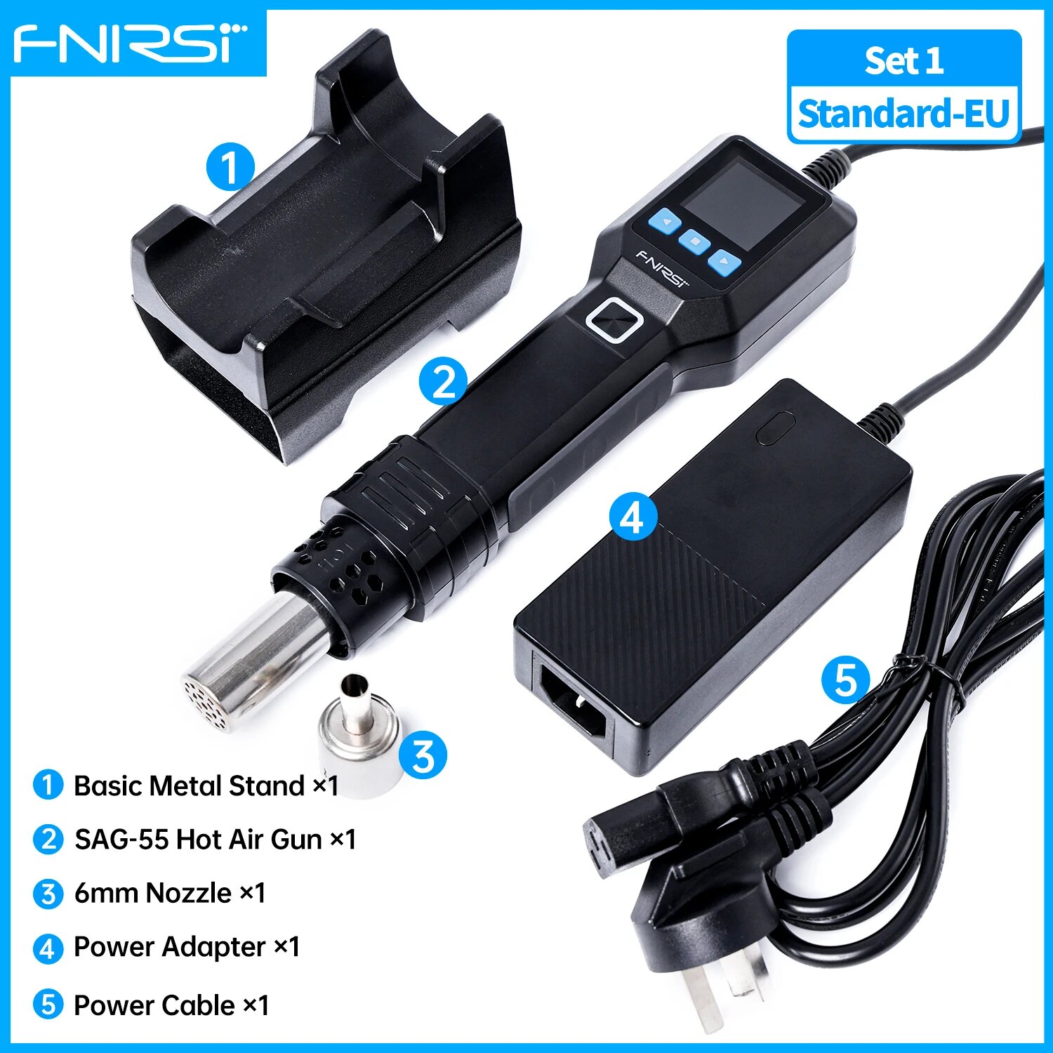 FNIRSI SAG-55 550 Вт фен с подставкой, цифровой фен с ЖК-дисплеем, термопистолет с регулируемой температурой для инструментов для ремонта телефона, SAG-55 Standard-EU