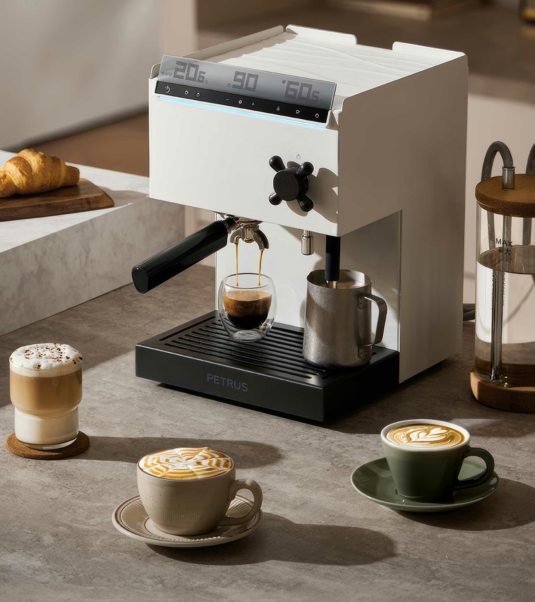 Кофемашина Petrus "PE3888PRO" белая рожковая 2 бойлера раздельные бойлеры индикатор работы