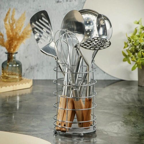 Изображение товара Набор кухонных принадлежностей Daniks YW-KT356 из нержавеющей стали на подставке, 7 предметов для готовки и сервировки