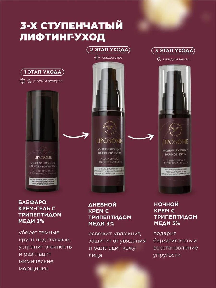 Набор 3 средства антивозрастного ухода: дневной и ночной крем для лица, блефаро крем-гель для век — фото 1