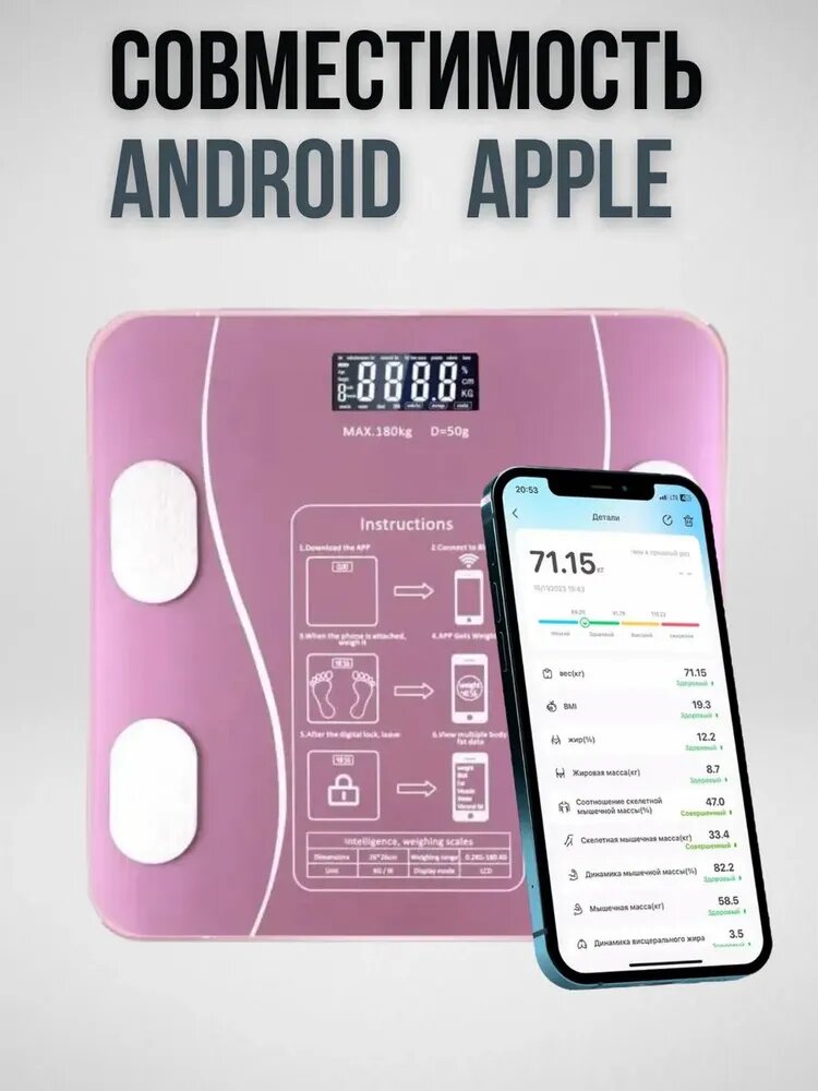 Изображение Напольные умные весы, электронные напольные весы на батарейках для Xiaomi, iPhone, Android, розовые