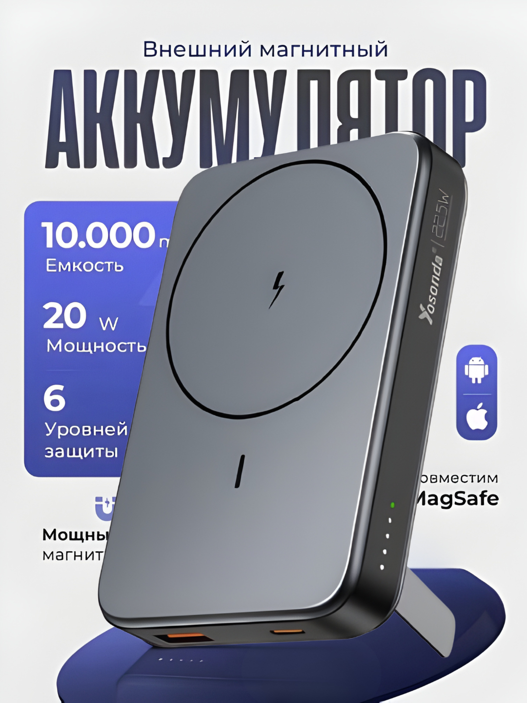 Повербанк 10000 мАч Magsafe, беспроводная зарядка, с кабелями, USB зарядка, внешний аккумулятор
