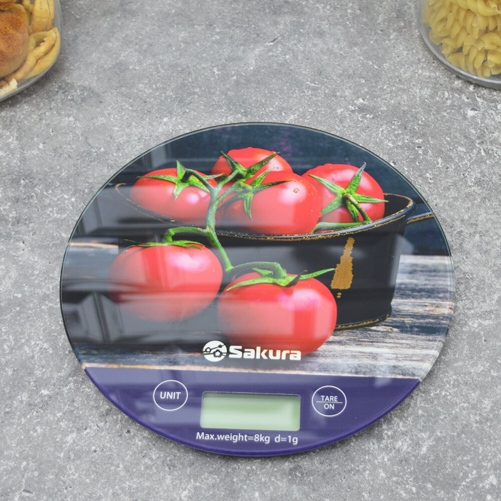 Весы кухонные электронные Sakura "Помидоры" до 8 кг, стеклянная платформа, точность 1 г, автоотключение