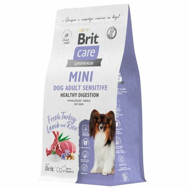 Brit Care Mini Adult Sensitive Healthy Digestion 1.5 кг сухой корм для взрослых собак мелких пород, с индейкой и ягненком
