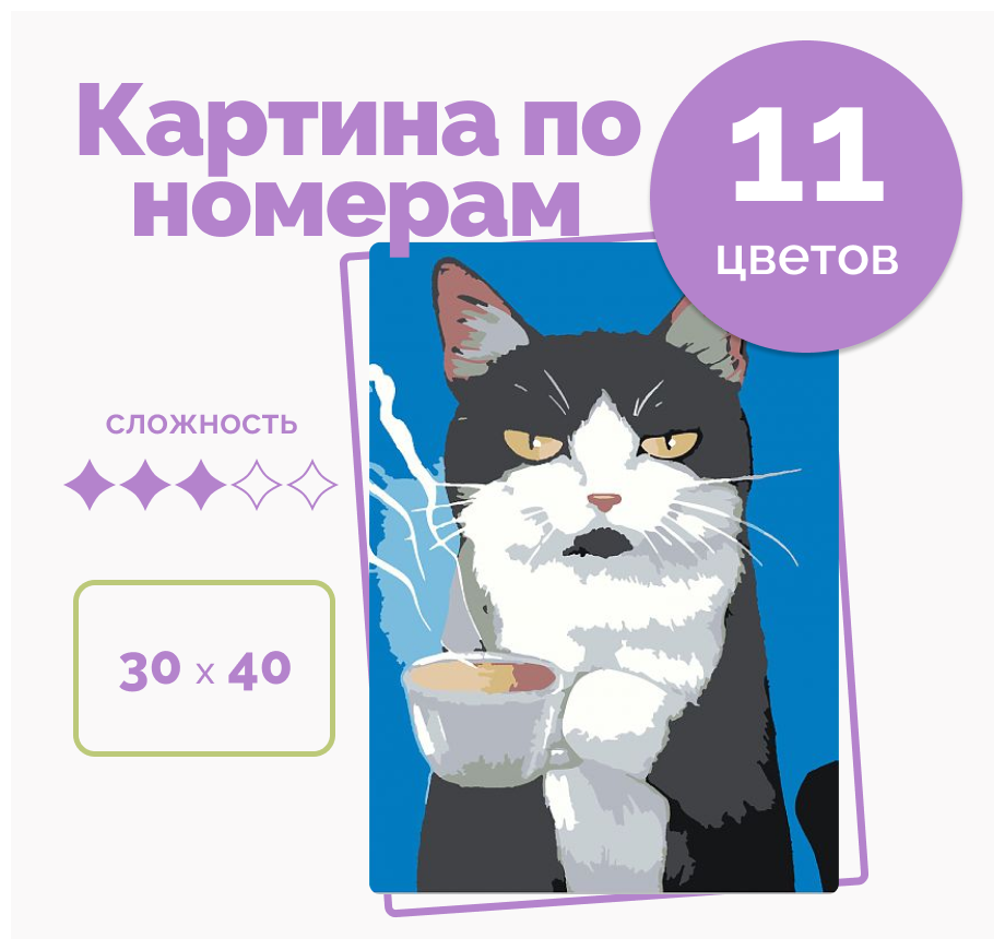 Картина по номерам "Кот и кофе" холст на подрамнике 30х40, акриловые краски 11 цветов