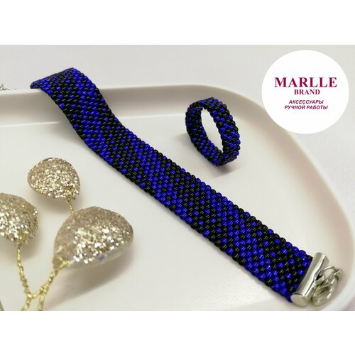 Комплект бижутерии MARLLE: кольцо, браслет, бижутерный сплав, размер кольца 17.5, размер браслета 16 см., синий, черный