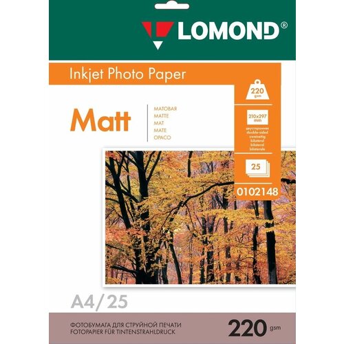 Фотобумага Lomond A4, для струйной печати, 25л, 220г/м2, белый, покрытие матовое /матовое [0102148]