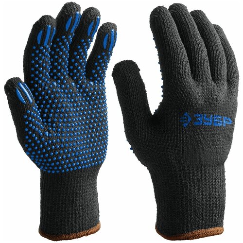 Утеплённые перчатки ЗУБР мастер, трикотажные, покрытие ПВХ (точка), размер L-XL