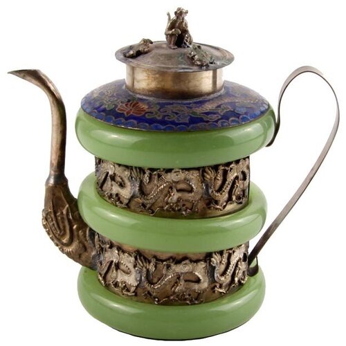 Декоративный заварочный чайник в восточном стиле. Металл, нефрит, роспись, прочеканка. Китай, вторая половина XX века