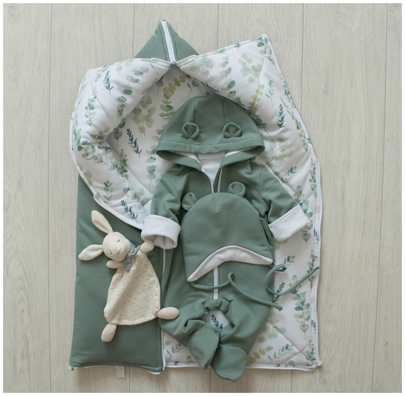 Демисезонный трикотажный детский комплект для новорожденного 62 размер (от 0-3мес), 3 предмета, зеленый