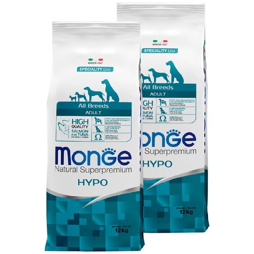 MONGE SPECIALITY DOG HYPO SALMON для взрослых собак всех пород при аллергии с лососем и тунцом (12 + 12 кг) сухой корм для собак monge dog speciality hypoallergenic гипоаллергенный лосось с тунцом 12кг