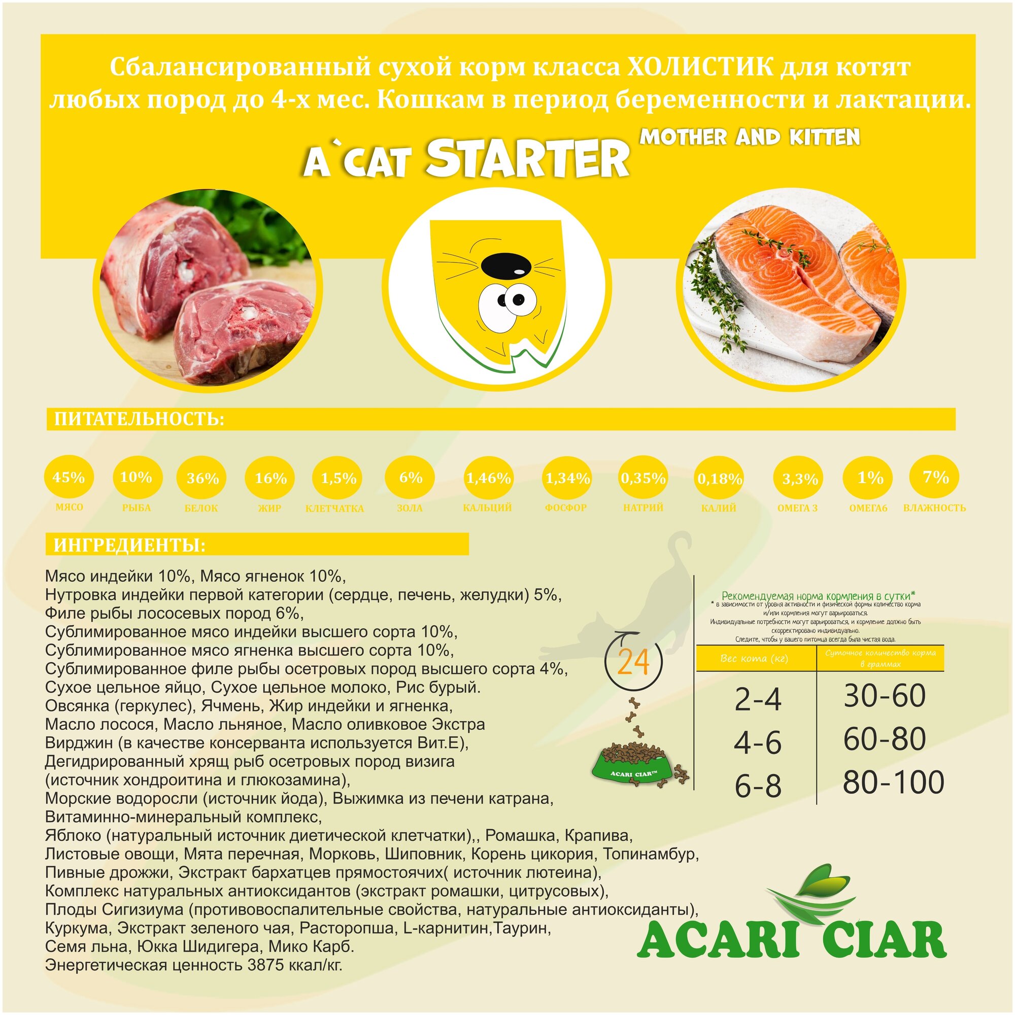Сухой корм для кошек Acari Ciar A`Cat STARTER 1,5кг со вкусом индейки и ягненка - фотография № 2