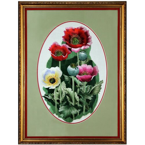 Картина вышитая шелком Маки ручной работы/см 54х70х3/багет+паспарту