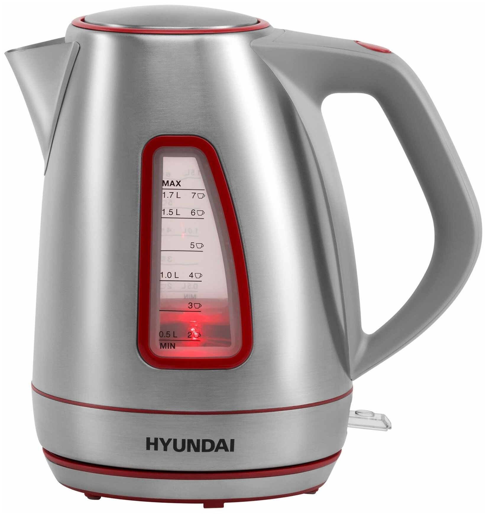 Чайник электрический Hyundai HYK-S3601 серебристый/красный, нержавеющая сталь