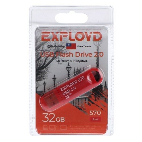 Флешка Exployd 570, 32 Гб, USB2.0, чт до 15 Мб/с, зап до 8 Мб/с, красная флешка exployd 570 32gb black