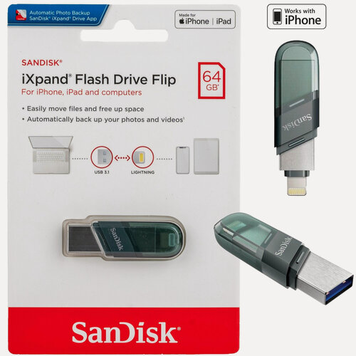 Изображение товара Флеш-накопитель SanDisk 64 ГБ iXpand Flash Drive Flip Lightning для iPhone и iPad USB 3.1