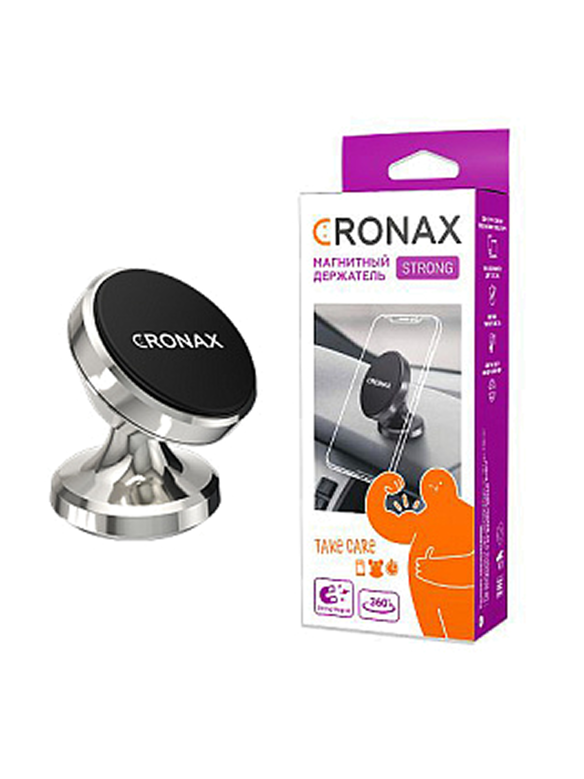 Автомобильный магнитный держатель для телефона CRONAX CR-008 на приборную панель, металл, серебристый