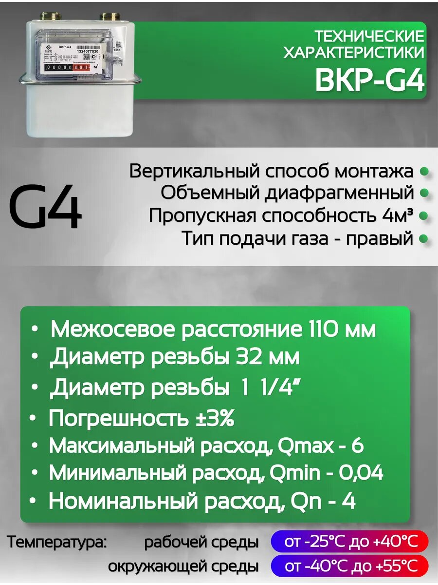 Счетчик газа ВКР G-4 правый 110 мм — фото 1