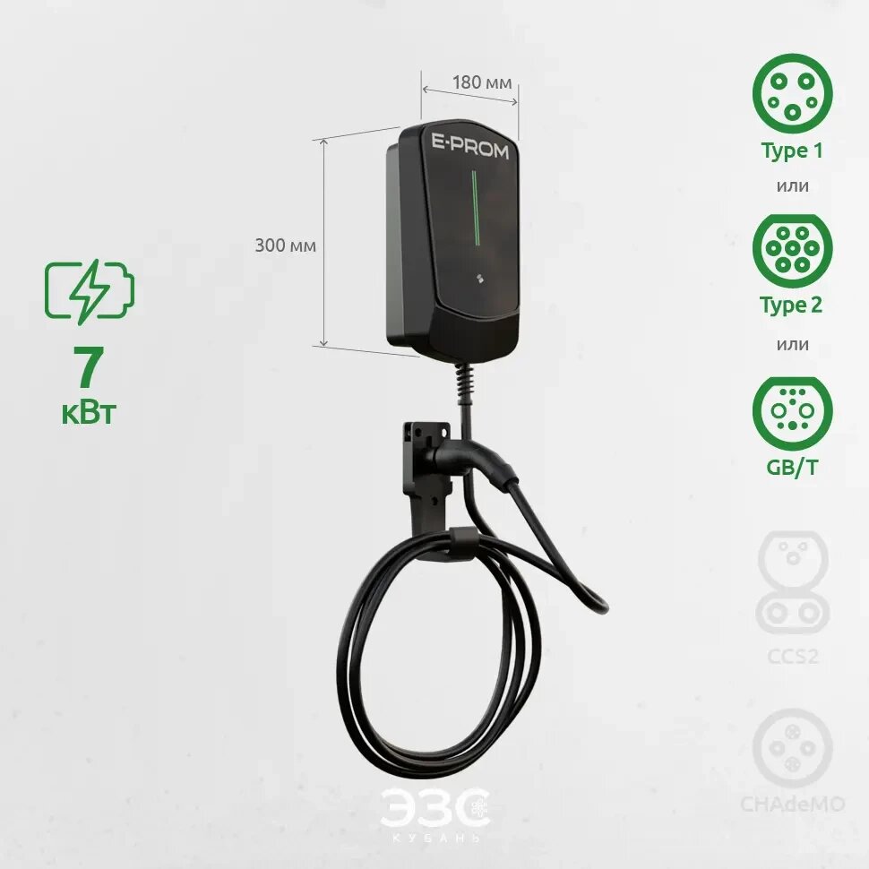 Домашняя зарядка для электромобиля E-PROM MINI мощностью 7 кВт навесного исполнения с коннектором на выбор: Type1 Type2 GBT для дома, офиса, гостиницы, паркинга, парковки, стоянки авто.