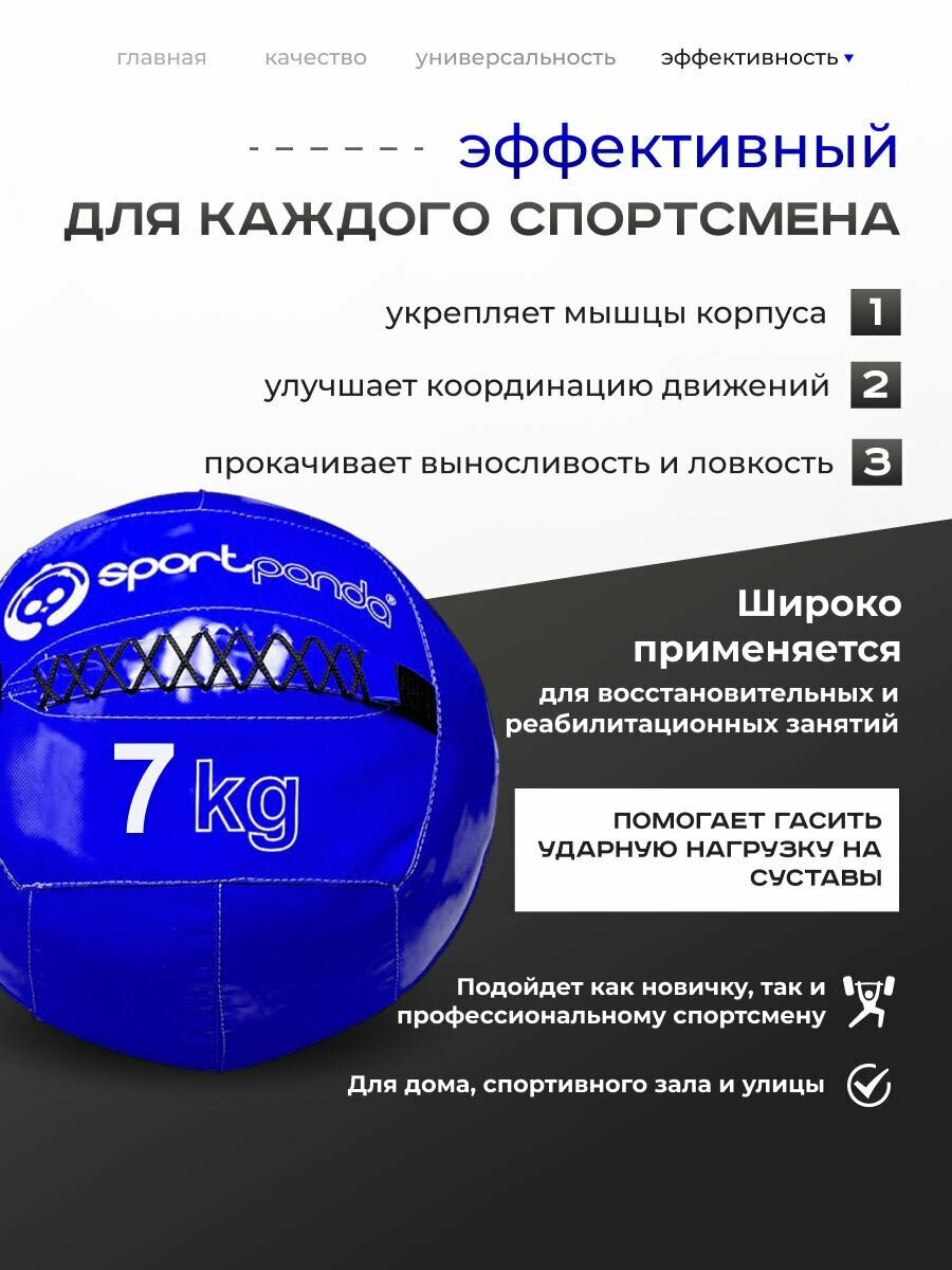Медбол SportPanda, ПВХ, диаметр 38 см, 7 кг, армированные швы — фото 1