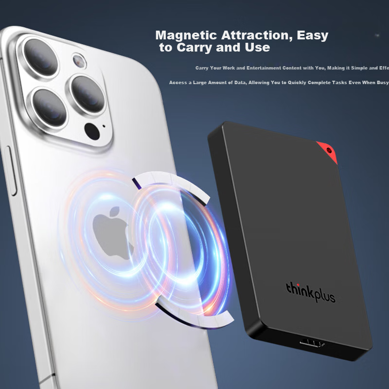 ThinkPlus Lenovo 2TB Magnetic Adsorption Portable Solid State Drive with Magnetic Adsorption for Mobile Phones USB3.1 High Speed Reading 550MB/S Portable PSSD Small and Portable US100