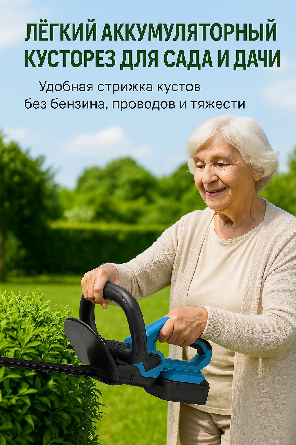 Электрический кусторез аккумуляторный для стрижки живой изгороди