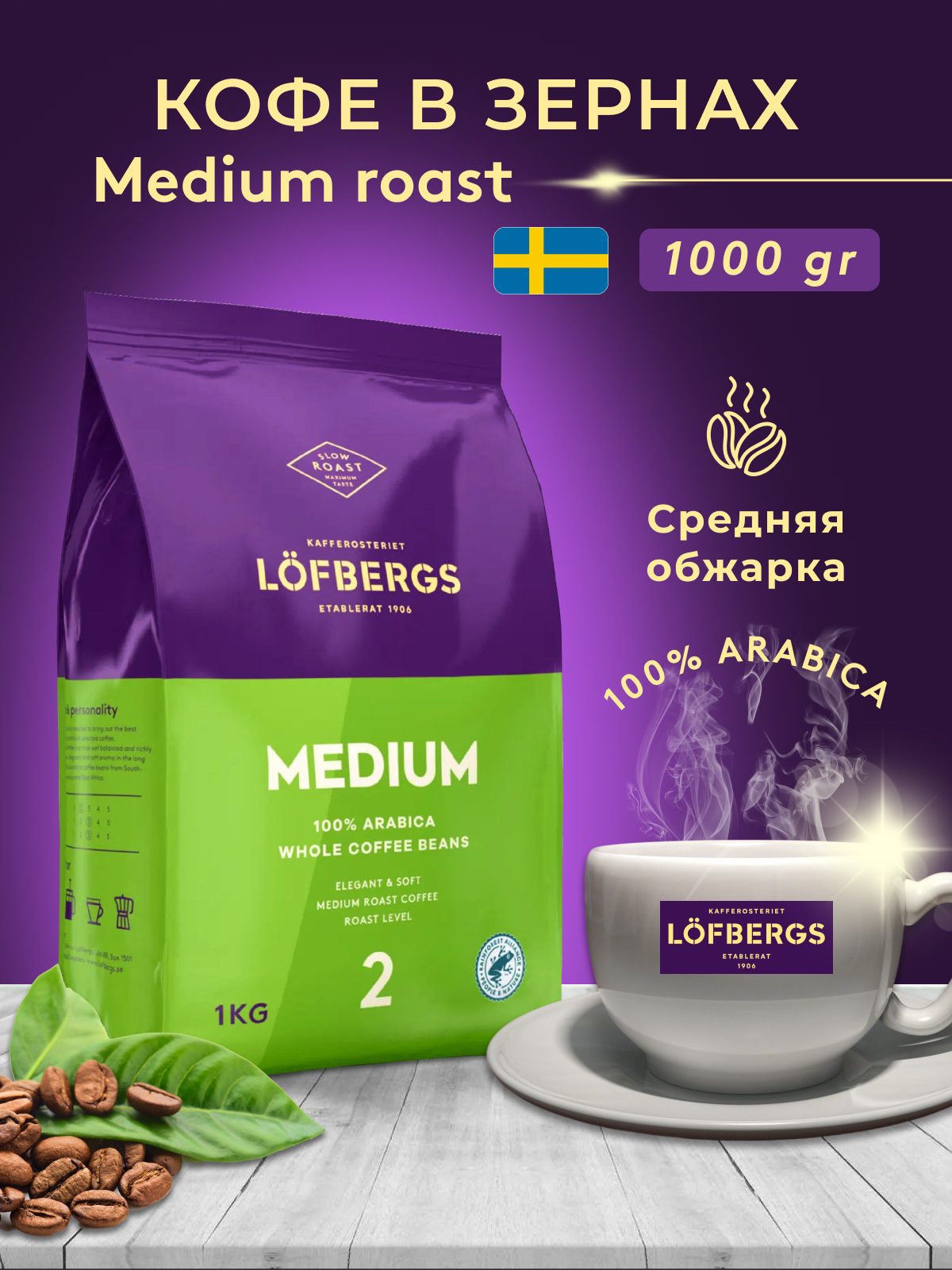 Кофе Lofbergs "Medium Roast", в зернах, обжарка средняя, 1 кг
