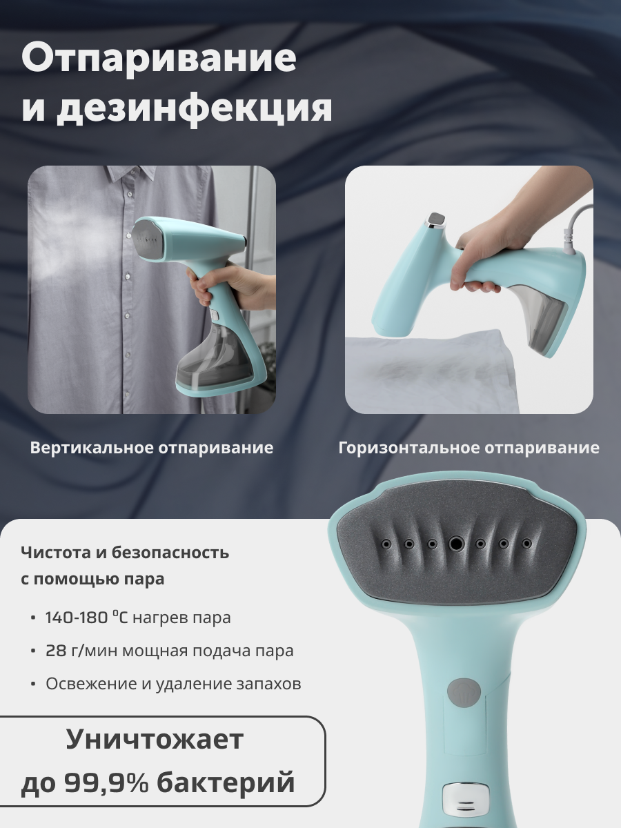Складной ручной отпариватель для одежды с ЖК-дисплеем, 1800 Вт, дружелюбно-голубой — фото 1