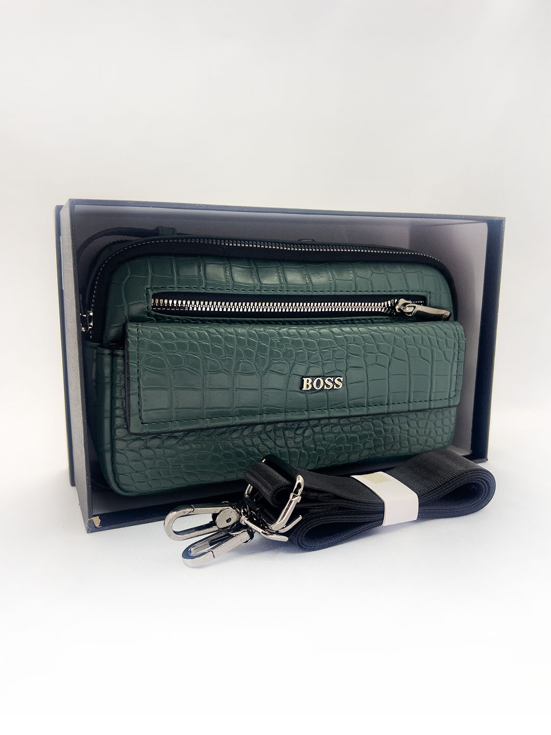 Сумка барсетка , фактура под рептилию, гладкая, зеленый — фото 1