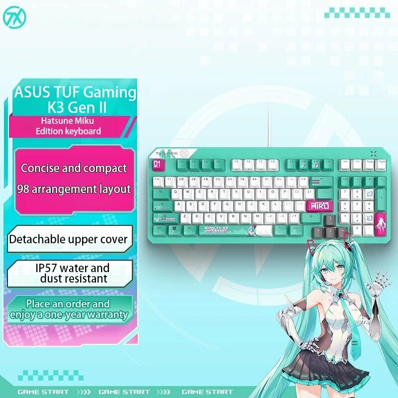 TUF Gaming K3 Gen II Hatsune Miku Edition compact 97-key layout, optical-mechanical RGB switches, silicone-gasket mount, Красный переключатель