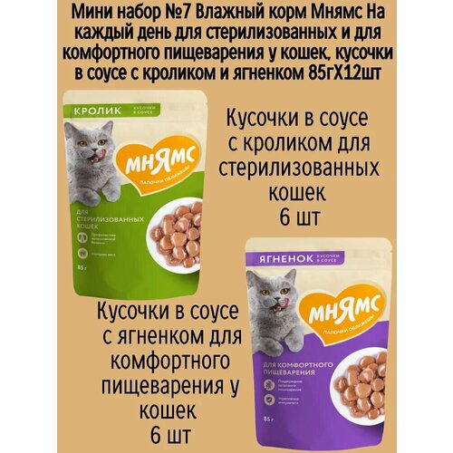 Мини набор №7 Влажный корм Мнямс для стерилизованных кошек, кусочки в соусе с кроликом и ягненком, 12 шт х 85 гр