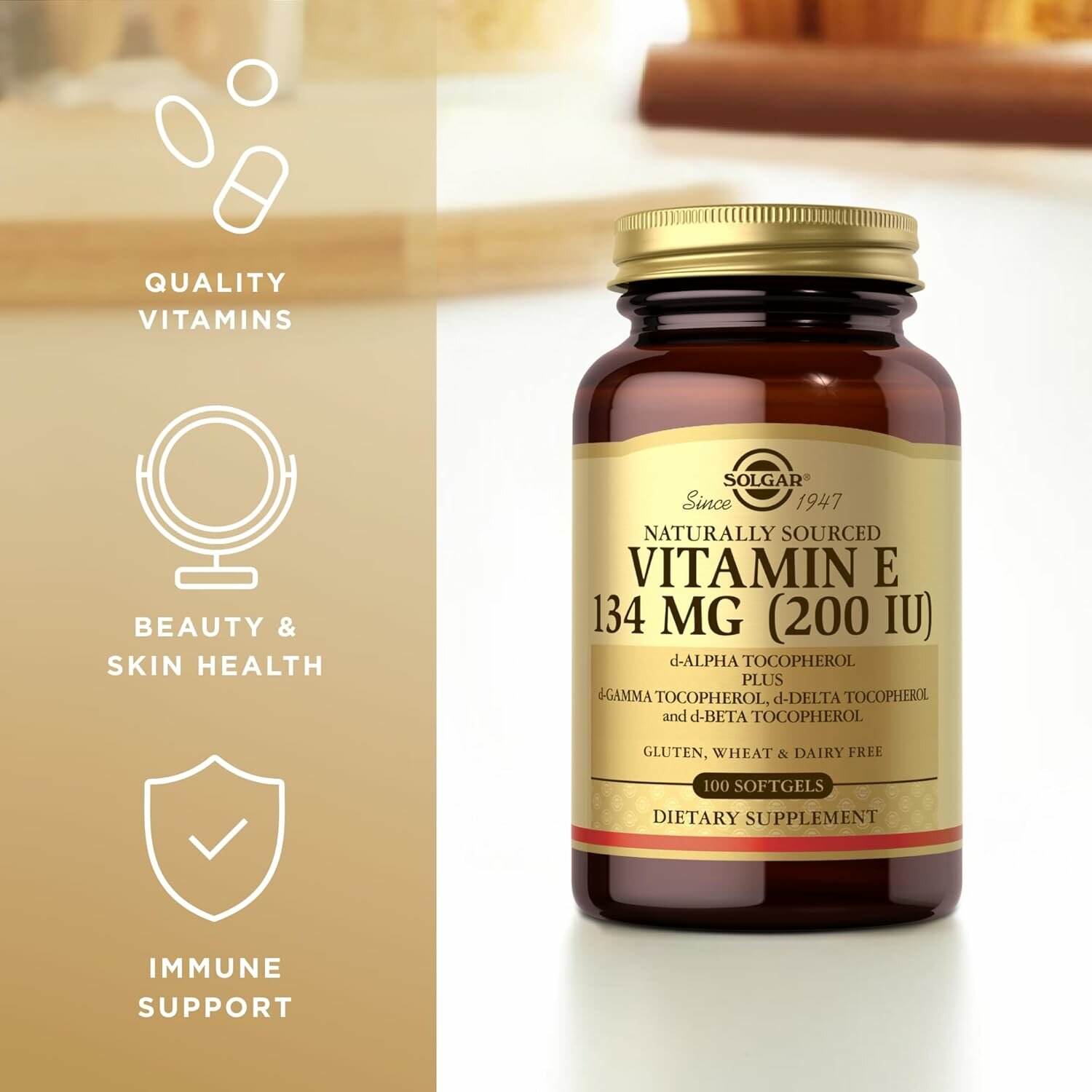Витамин E Solgar, Vitamin E 200 ME d-alpha, gamma, delta, beta, Витамин E д-альфа, гамма, дельта, бета токоферолы, 134 мг, 100 шт.