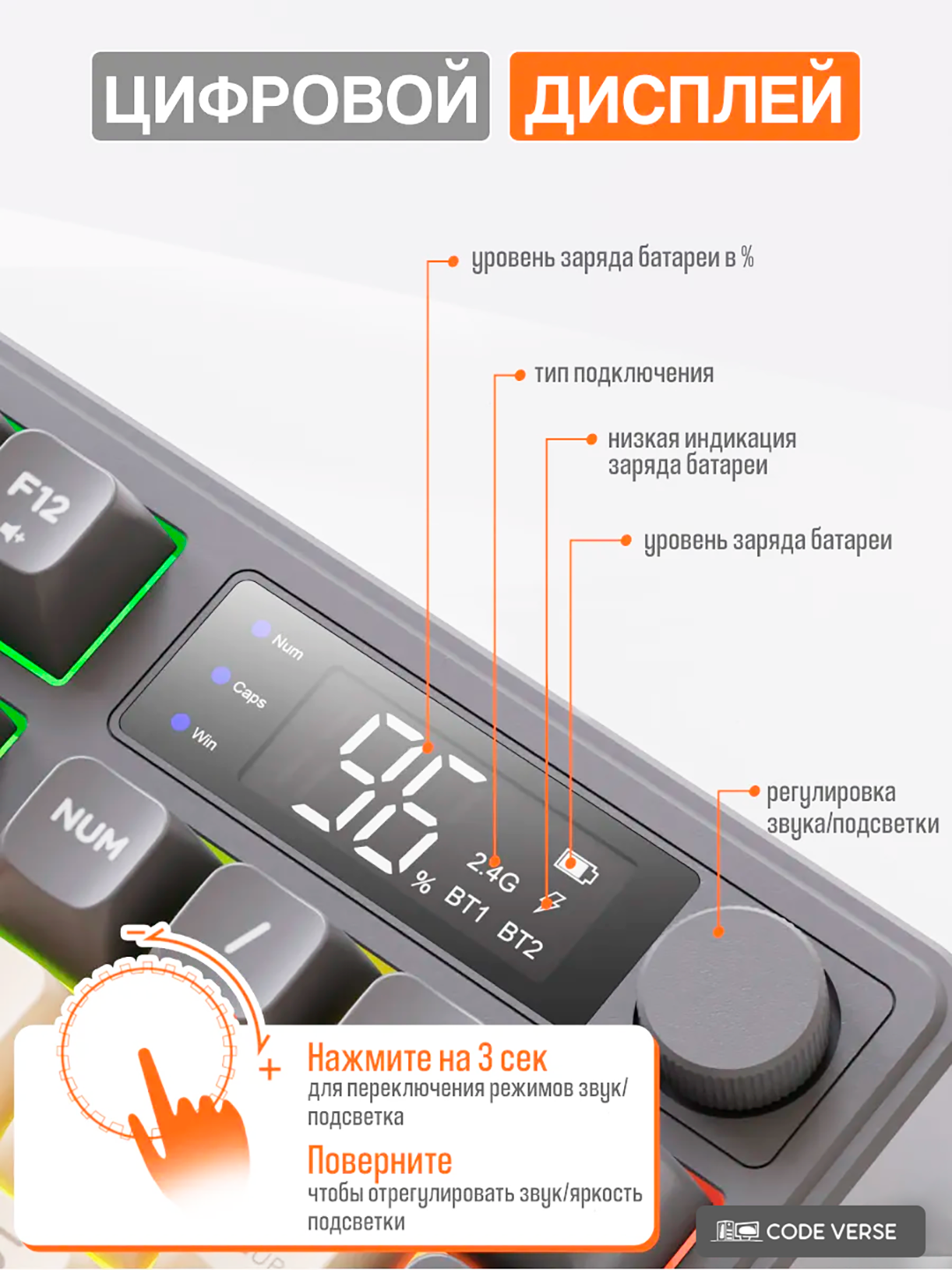 Игровая беспроводная клавиатура FREE WOLF M96 — RGB подсветка, 96 клавиш. — фото 1
