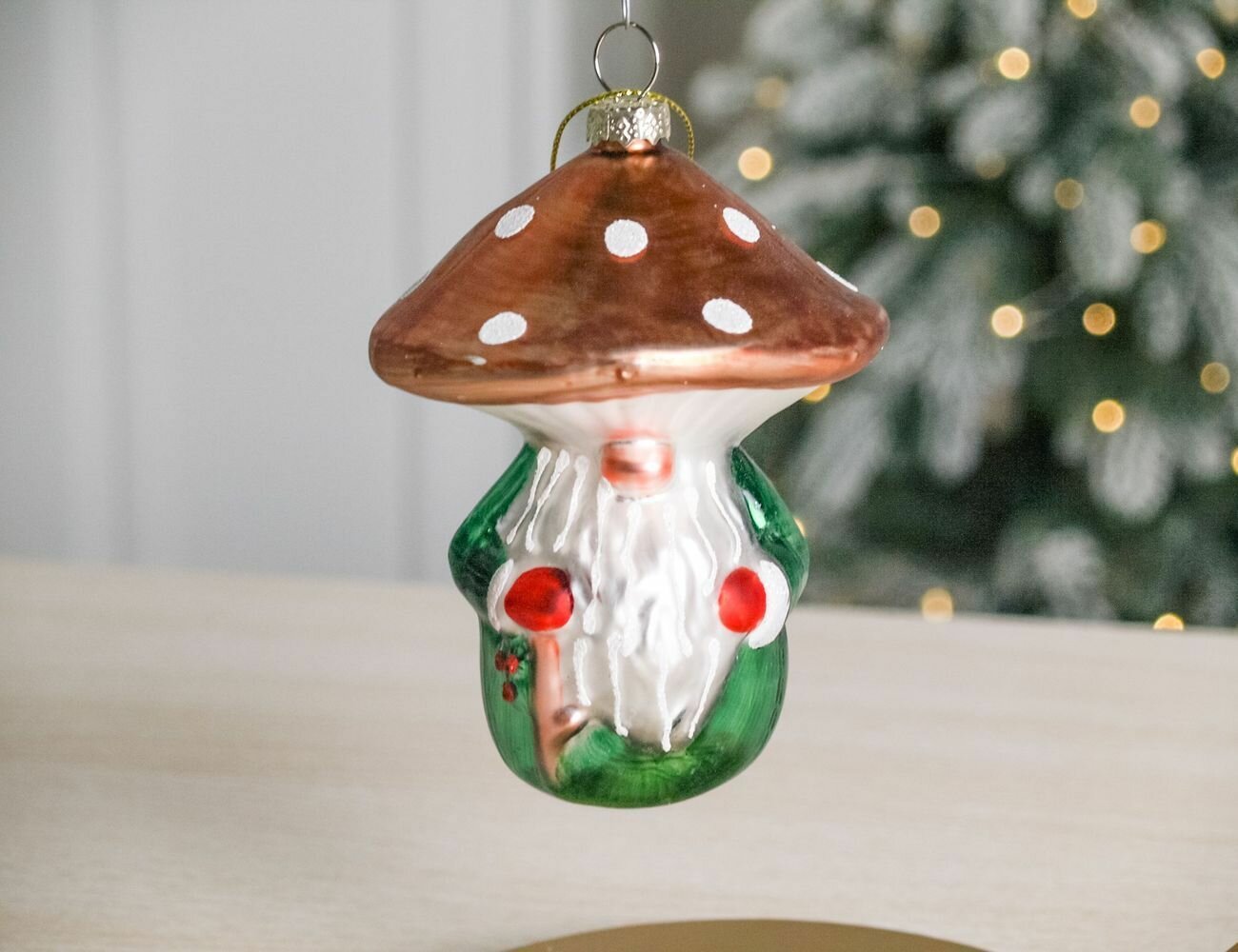 Ёлочная игрушка волшебный гномик-мухомор, стекло, розовый, 12 см, EDG 684710-95-2