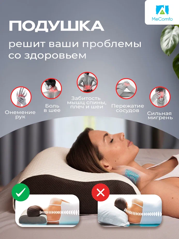 Ортопедическая Подушка Подушка ортопедическая, Memory Foam, с эффектом памяти, средней жесткости, 54х40, валики 13 и 11 см