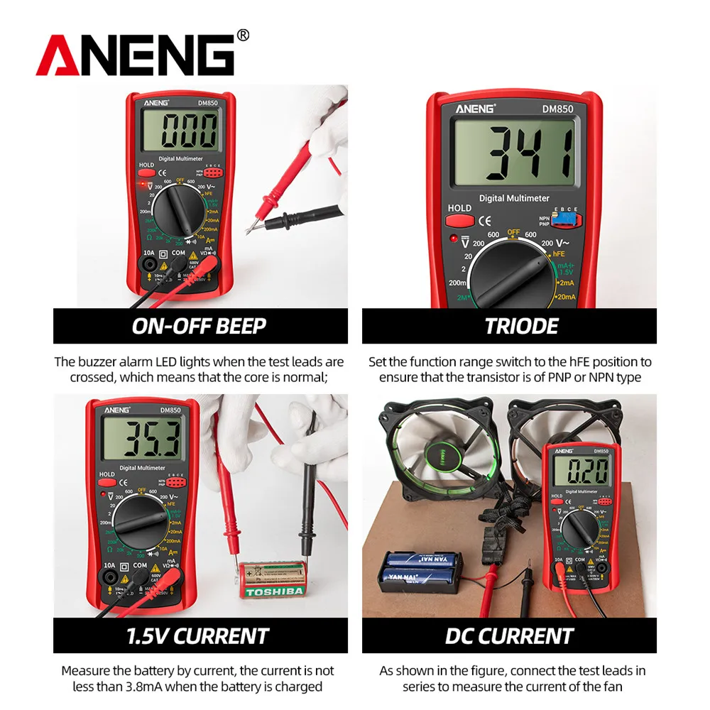 Цифровой Мультиметр ANENG DM850, измерения: V, A, R, функция hFE — фото 1
