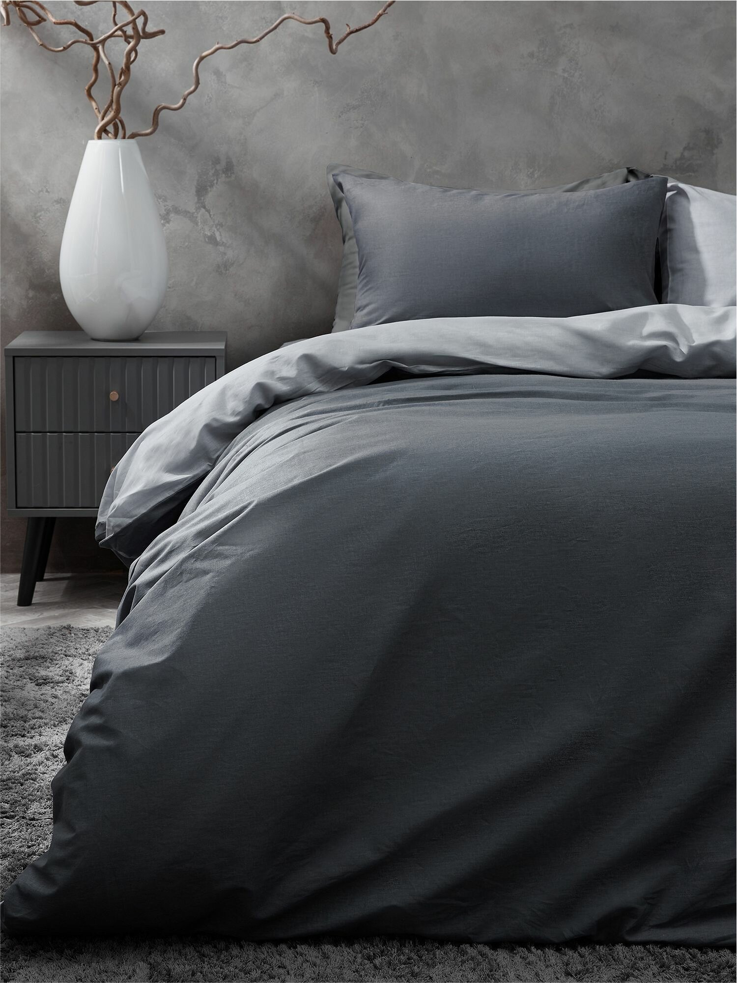 Унисон Комплект постельного белья Unicolor, Поплин, 1,5 спальный, нав. 50х70, Dark Grey+Grey — фото 1