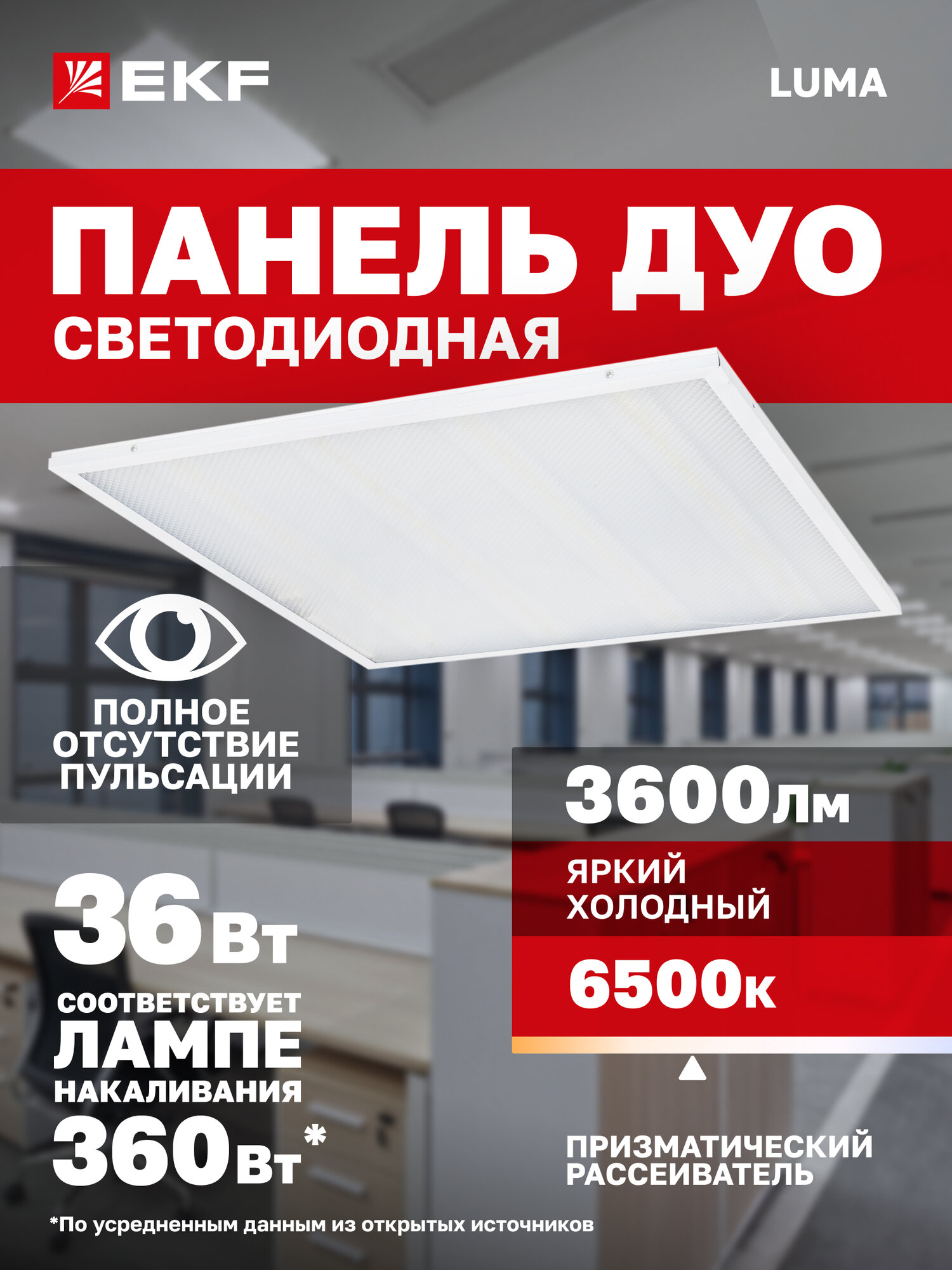 Панель светодиодная EKF LUMA (ДВО) ДУО-4102-Z 36Вт 6500K IP20 рассеиватель призма
