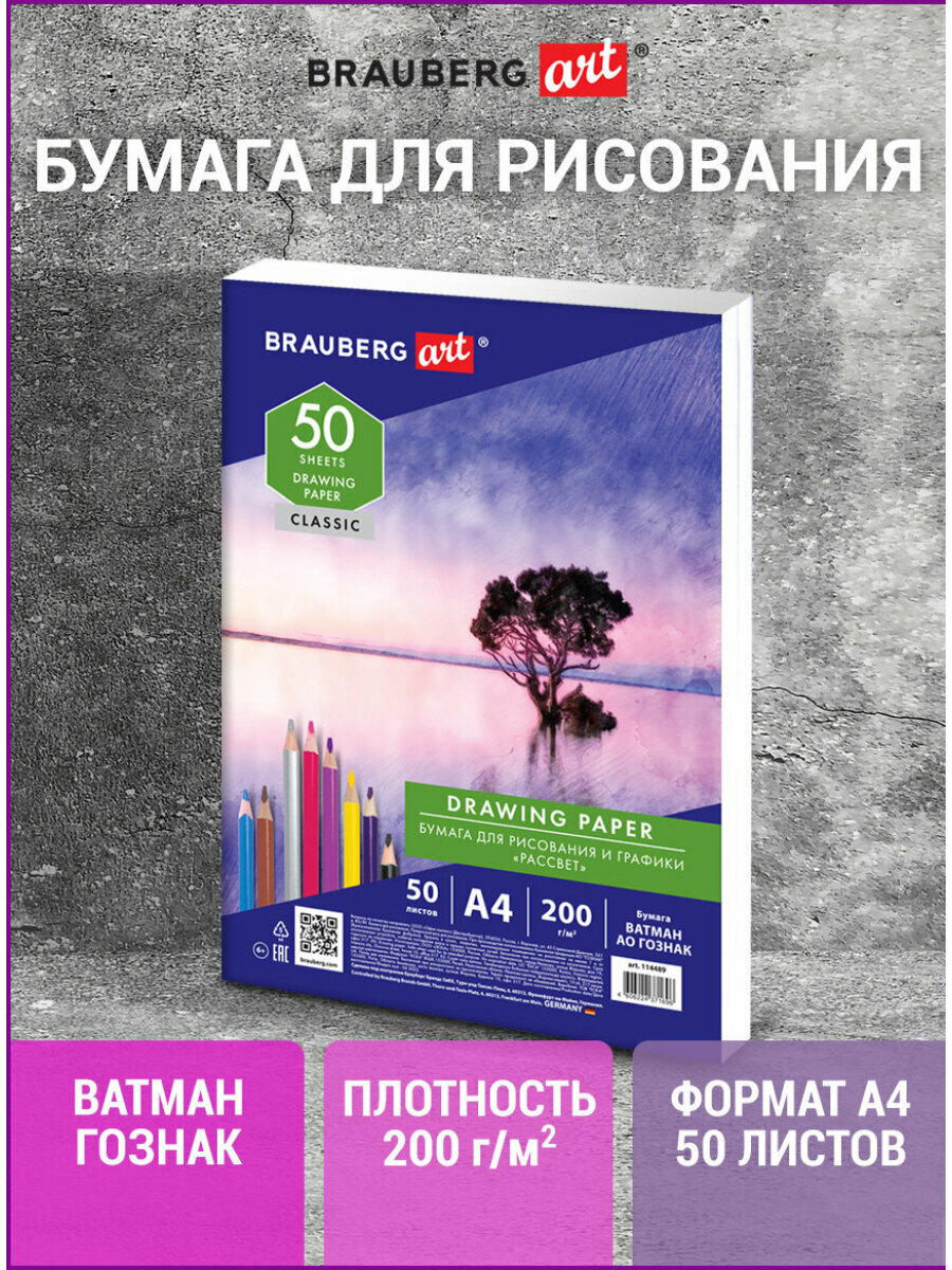 Бумага для рисования и графики А4 50 л 200 г/м2 ватман гознак СПб в коробке Brauberg Art 114489