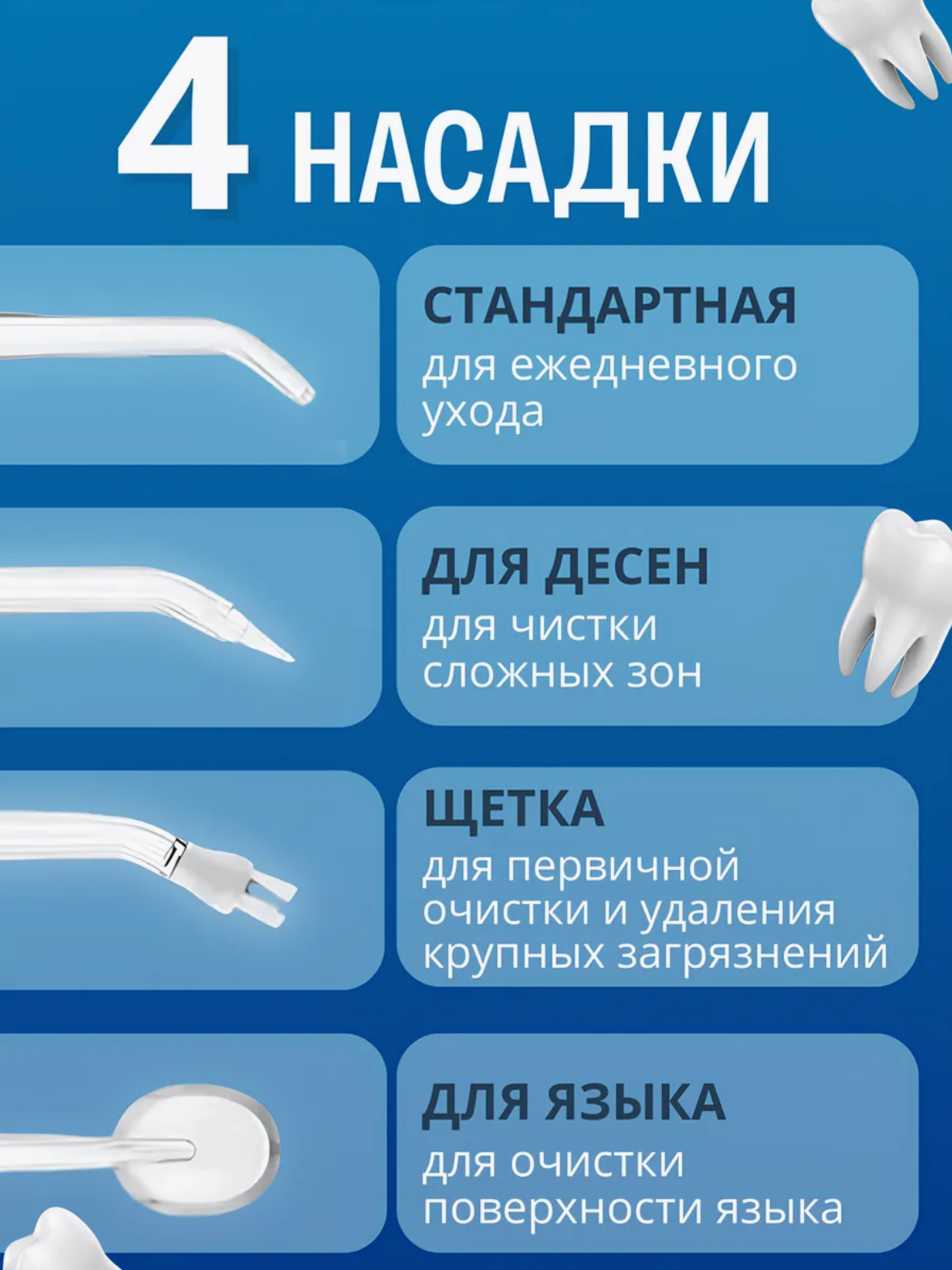 Изображение Портативный ирригатор с 4 насадками и зарядным устройством, ирригатор для зубов и десен, черный