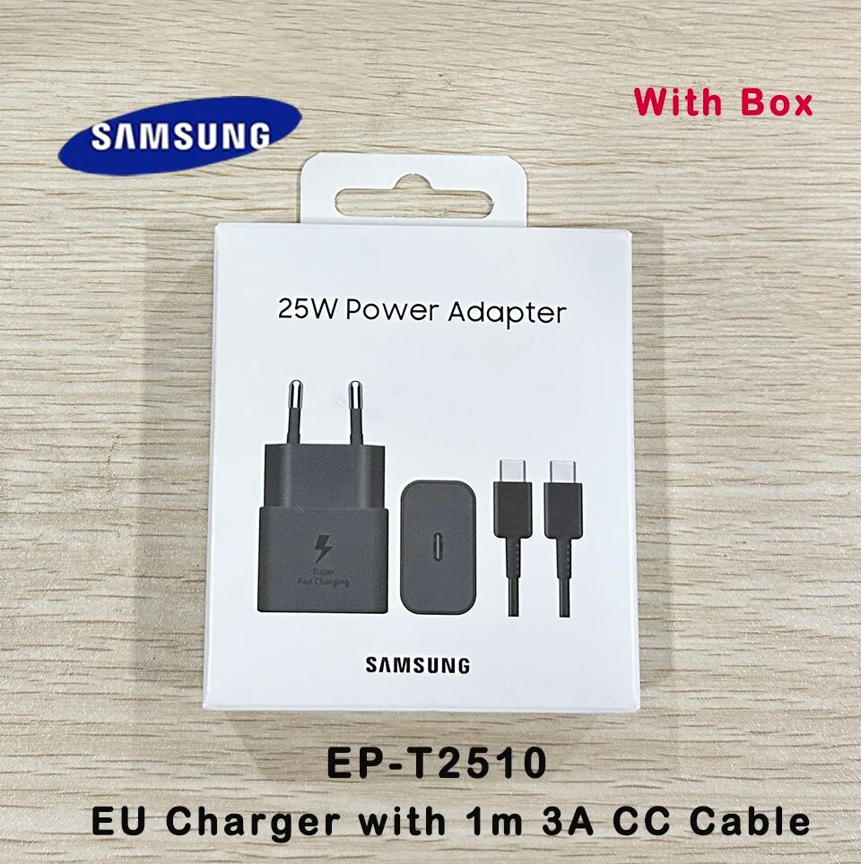 Оригинальное зарядное устройство Samsung Type C 25 Вт PD Cargador GaN Power Adapter Кабель для сверхбыстрой зарядки Galaxy S25 S24 S23 + A56 A16 M36 Tab EP-T2510 EU Set