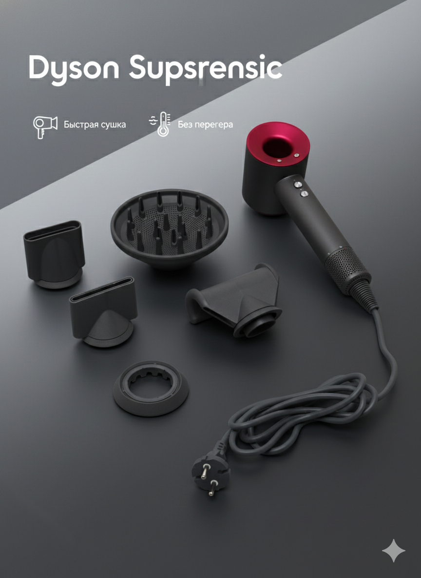 Фен-стайлер Dyson, мощность 1600Вт, 4 температурных режима, 5 магнитных насадок, Leafless Hair Drier