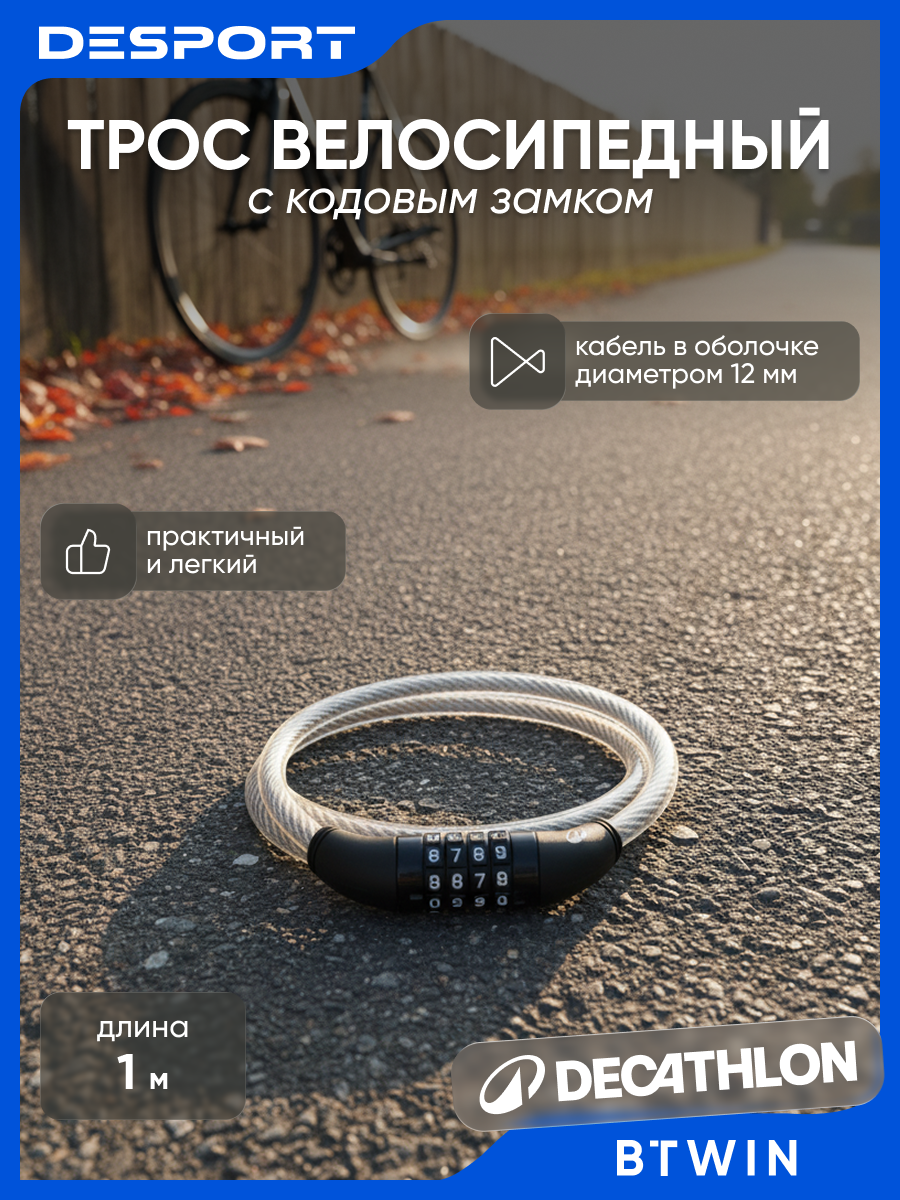 Трос велосипедный Btwin 100 с кодовым замком серебристый длина 1 м 12мм